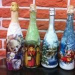ديكور الزجاجة: ديكوباج، رسم، فئة رئيسية (صورة) زجاجات ديكوباج مع مناديل مصنوعة من الزهور